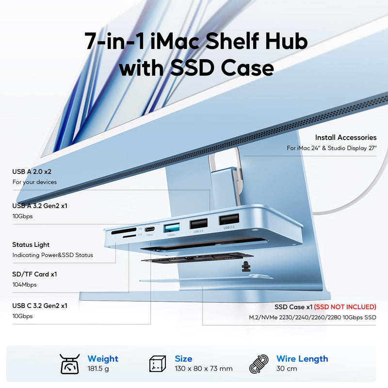 iMac Accessories for iMac24 inch 2021/2023/2024, PULWTOP iMac Hub with M.2 NVMe SSD Enclosure, i-Mac USB C Hub USB A/C 10Gbps, SD/TF, i-Mac USB Adapter for iMac24 M1/M3/M4 or Studio Display 27 inch Blue USB C Hub for iMac