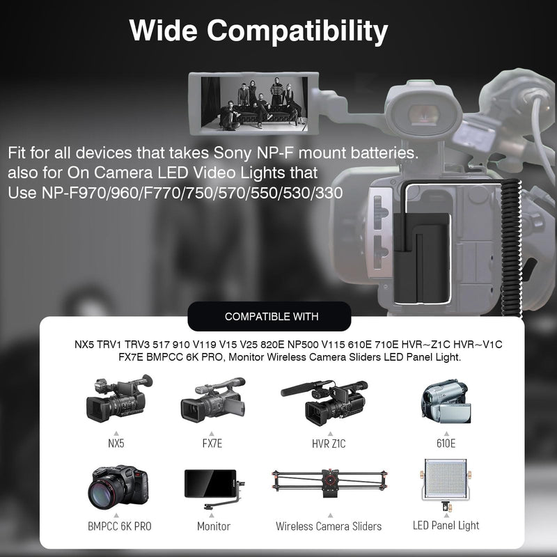 F1TP D-tap to NP-F550 Dummy Battery Coiled Power Cable for Sony NP NP-F550/770/570 NP-F970 Atomos Ninja Monitor Power LED Light (D-TAP to NP-F550 Dummy Battery)