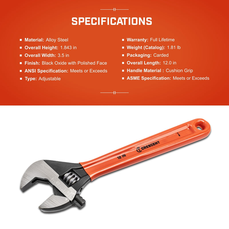 Crescent 12" Adjustable Black Oxide Cushion Grip Wrench - Carded - AT212CVS 12 Inch