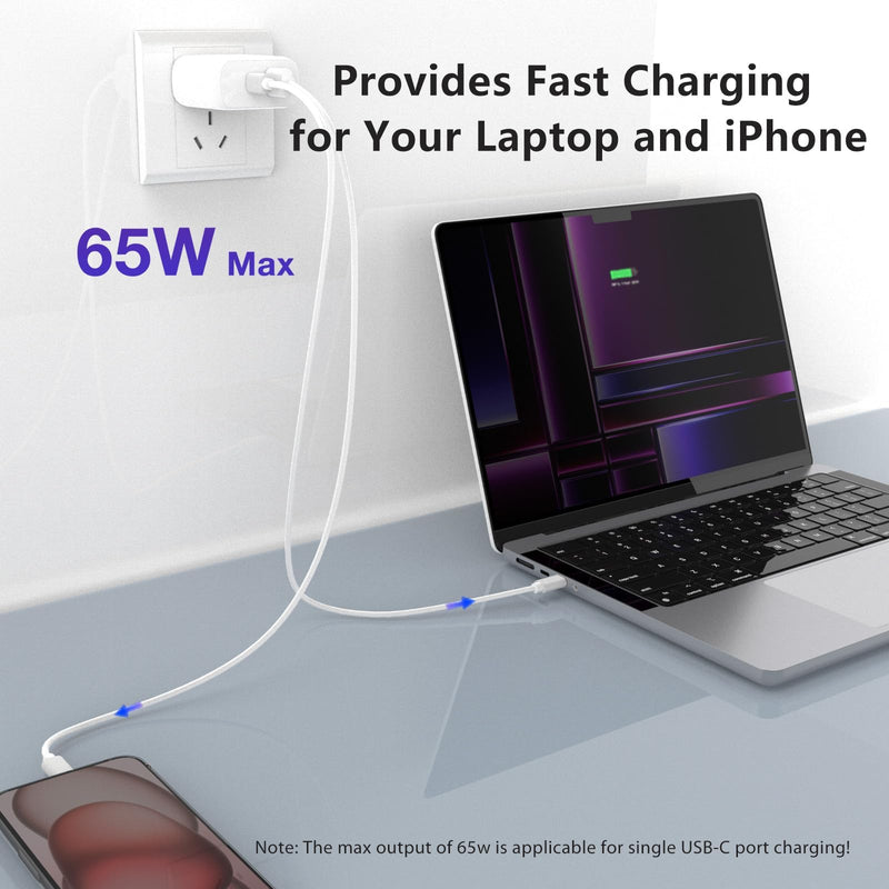 65W USB C Charger, Fast Charger Block 2-Port Power Adapter for MacBook Pro/Laptop/iPhone 15 Smart Phone/Tablet/Monitor/iPad Pro/Galaxy/Pixel with 6.6 ft USB-C Cable Dual Port Charging Qackenm