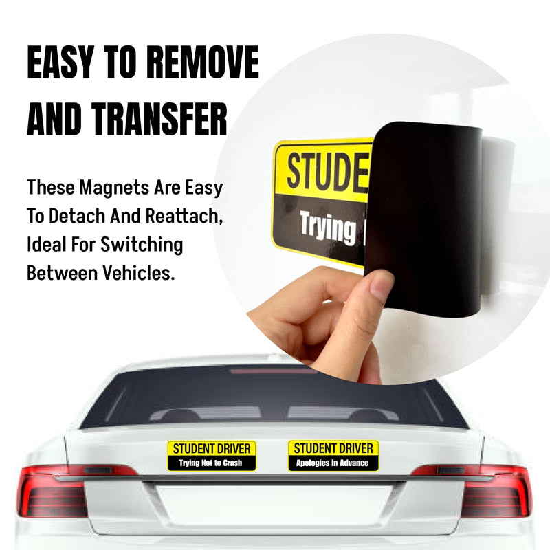 Student Driver Magnet for Car - 2-Pack Reflective Funny Magnetic Bumper Sticker Set - Removable Novice Driver Safety Attention Sign - Weather-Resistant 10 x 3.5 Yellow-black