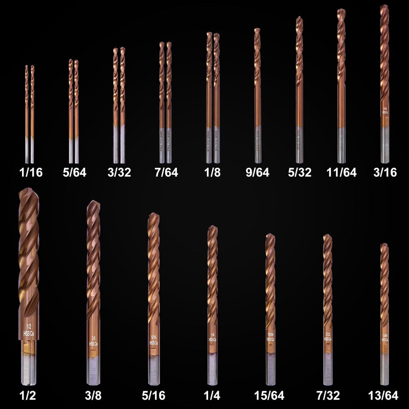 3-Flute Cobalt Drill Bit Set, M35 Metal Drill Bits for Metal and Steel, 3-Flats Shank, 135 Degree Split Point, for Hardened Steel, Stainless Steel, 21-Piece, 1/16"-1/2" 1/16 - 1/2 in (21pcs)