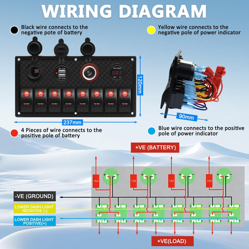 Geloo 8 Gang Marine Rocker Switch Panel, Boat Switch Panel Waterproof, 12V Switch Panel Toggle Switches Panel with LED Circuit Breaker 3.1A USB Charger Voltmeter ON/Off for Car Rvs Vehicles (Red) Red