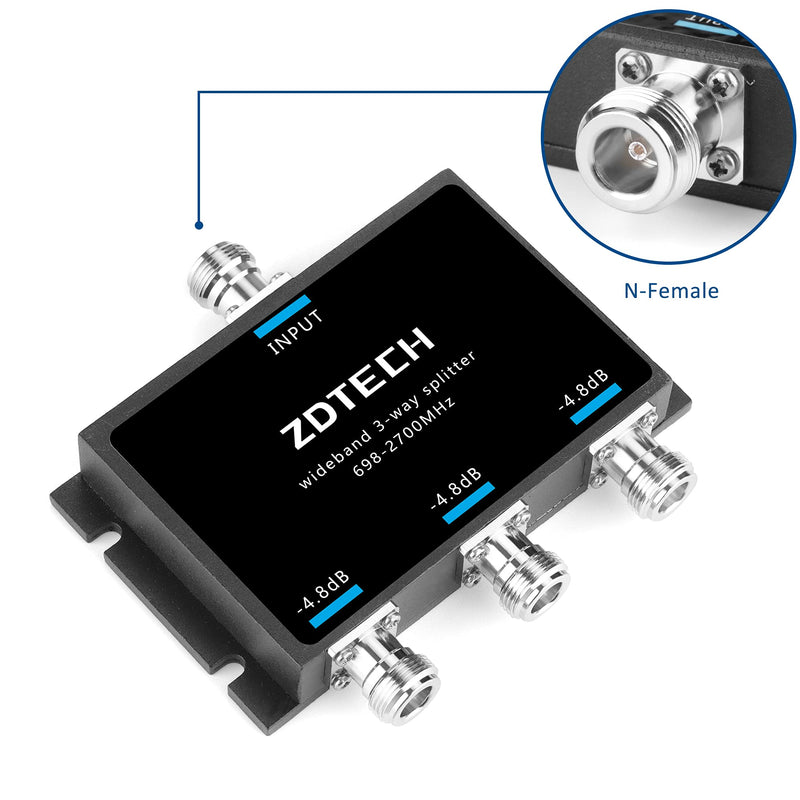 WideBand 3-Way Splitter with N-Female Connectors 50 Ohm Signal Splitter for 3G/4G/LTE(698-2700MHz) Splitter 3-Way