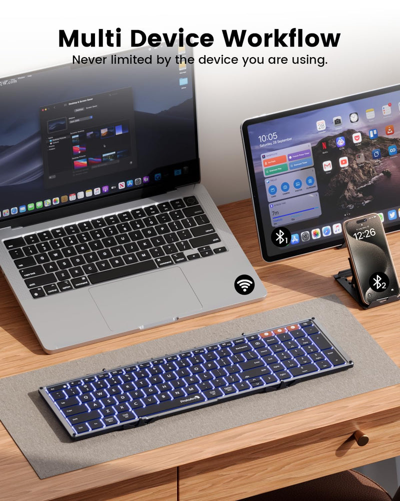 ProtoArc Backlit Foldable Keyboard, XK01 Plus Folding Portable Bluetooth Keyboard for Travel, Full Size External Wireless Keyboard with Backlight for iPad Surface Tablet Smartphone Laptop PC