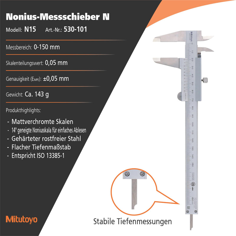 Mitutoyo Precision Vernier Caliper with Locking Screw DIN 862 Measuring Range 0 – 150 mm 1 Item 530 – 101 | 0.05mm, mechanical reading, standard depth, heavy duty