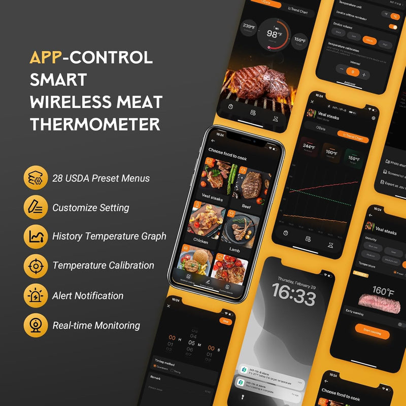 Bluetooth Meat Thermometer - Wireless Meat Thermometer for Grilling and Smoking with IP67 Dual Sensor Probes - Food Thermometer with Smart App Alert for BBQ, Smoker, Oven, Grill and Cooking Yellow