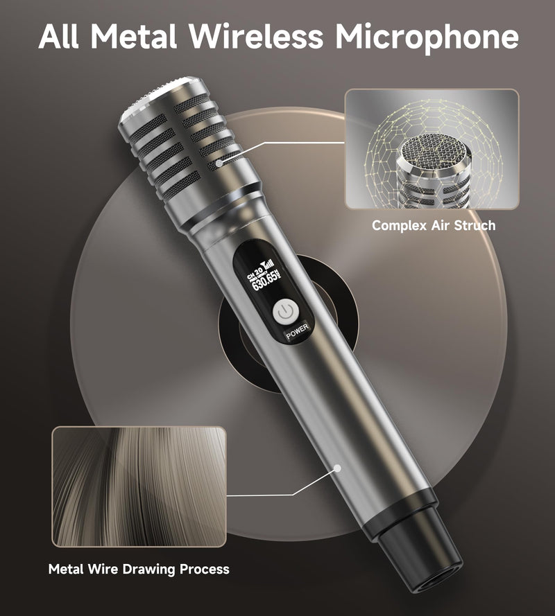 Wireless Microphones, Microphone with One-to-One Chip Connection and Rechargeable Receiver, 40H Duration, 200FT Range Receiving, Less Latency, Metal construction Microphone for Singing