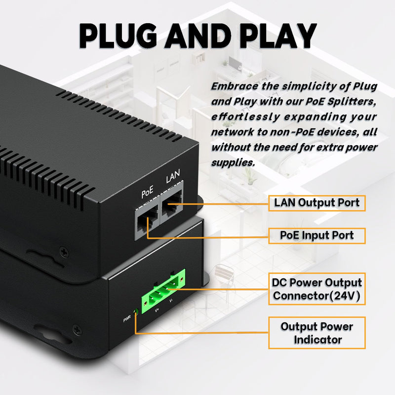 PROCET PoE System Gigabit PoE Splitter, 24V/2.96A, IEEE802.3 af/at/bt Compliant, 10/100/1000Mbps, High Power Communication Station /Wireless APs /Network Cameras, PT-PD208GBH-24 24.0 Volts (DC)