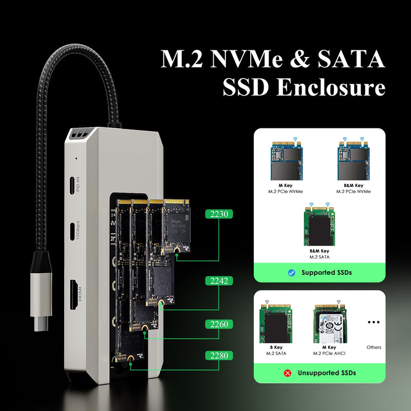 Minthouz USB C Docking Station,8-in-1 USB-C Hub with M.2 NVMe SATA SSD Enclosure,10Gbps Data Transfer, 4K@60Hz HDMI,87W PD,SD/TF Card Reader,USB 3.2 Hub for MacBook Pro/Air, Dell, HP Laptops