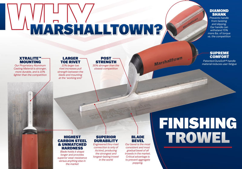 MARSHALLTOWN PermaShape Finishing Trowel, 12 x 5 Inch Broken-In Golden Stainless Steel Concrete Tool, Assembled in USA, PB7GSD