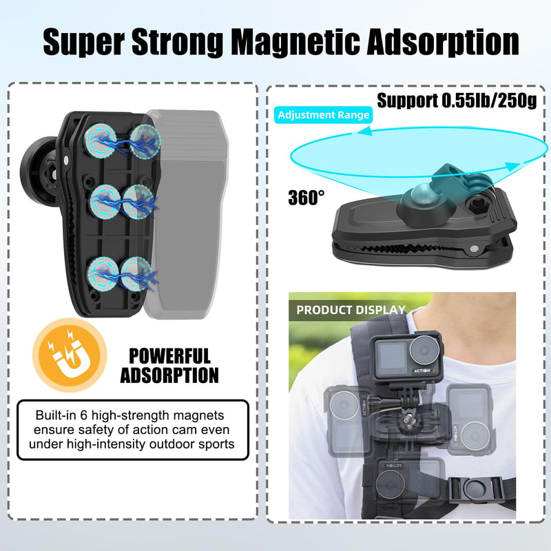 OSMO Pocket 3 Magnetic Backpack Clip Mount 360° Rotation Shoulder Strap Holder Compatible for DJI OSMO Pocket 3 Accessories/GoPro Hero 13/12/11/10/9/8/7/6/5/Insta 360 X4 X3 X2 X ONE RS R GO3