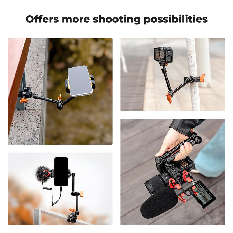 K&F CONCEPT 9.8" Magic Arm Clamp Kit with 1/4" & 3/8" Thread Screw 360° Ball Heads Articulating Magic Arm Camera Mount for DSLRs, Monitor, Flash, LED Light, Microphone, Camera Cage, Action Camera 9.8" with Clamp