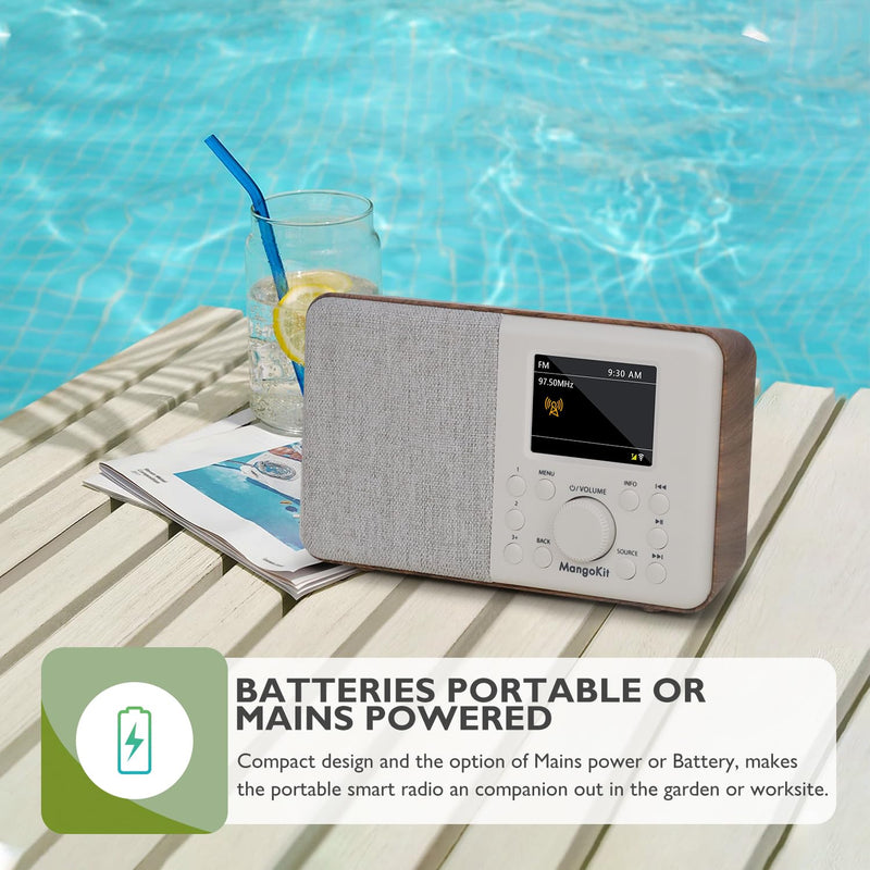 SR10 Internet Radio,WiFi Radio,Podcast Player, Bluetooth Speaker, Smart Radio, Portable FM Radio, Mains and Battery Powered Radio, Color Display,Dual Alarms, Presets,App Control-Walnut Walnut Mono