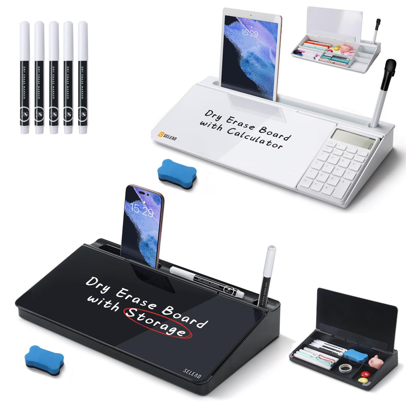 SELEAD Black Desktop Glass Whiteboard + White Desk Dry Erase Board with Calculator, Tabletop Storage Keyboard Stand for Home Office School