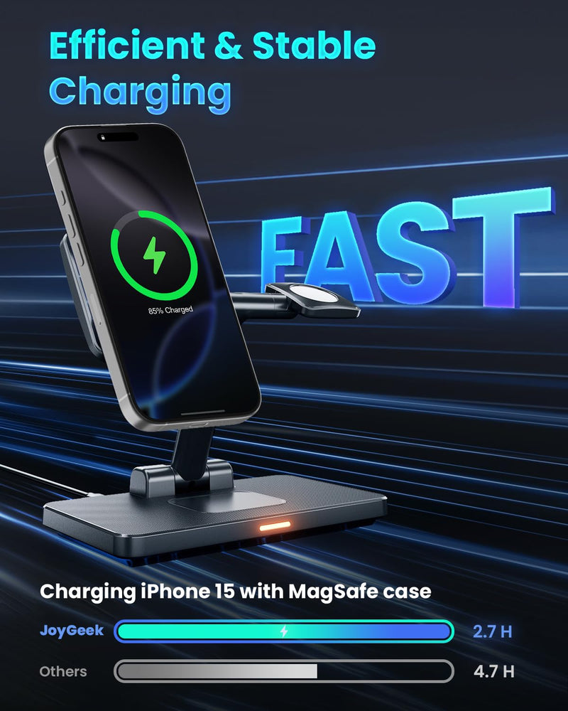 Wireless Charging Station for iPhone Mag-Safe: JoyGeek 3-in-1 Foldable Charger Phone Stand Charge for iPhone 16/15/14/13/12 Pro/Max/Plus - for AirPods - for Apple Watch 2-10/Ultra Carbon Black