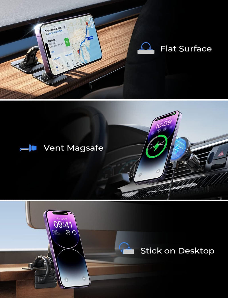 LISEN for 15W Magsafe Car Mount Charger Fast,2 in 1 Magnetic Wireless Car Charger [Strong Magnet] Magsafe Charging Mount Wireless Fast Charging for Magsafe Charger Fits iPhone 15 14 13 12 Pro Max Plus Black Gray