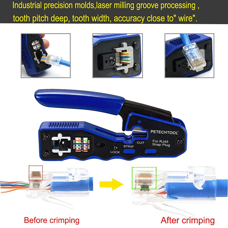 PETECHTOOL RJ45 Crimp Tool All-in-one Crimping tool Ethernet Wire Crimper Stripper Cutter for Cat5e Cat6 Cat6a Pass Through Connectors with 50pcs Cat6 Connectors and 1Pc cable tester and stripper