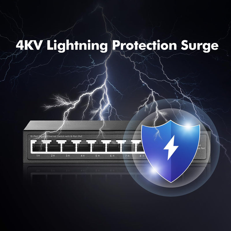 YuLinca 10 Port Mini Gigabit PoE Switch with 8 PoE+ Port, 2 Gigabit RJ45 Uplink, 10/100/1000Mbps, IEEE802.3af/at, Max 120W, Metal Fanless Plug & Play Ethernet Switch Mini 10x1G POE