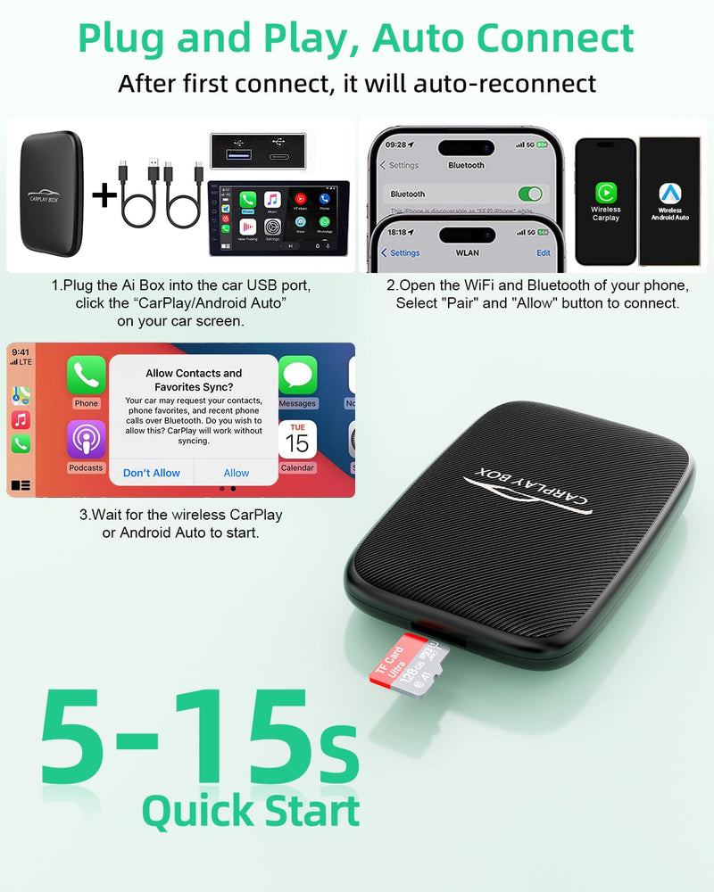 Wireless CarPlay Adapter with Netflix YouTube-Android Auto Wireless Adapter Magic Link Ai Box Support Mirroring/TF Card Converts Wired to Wireless Carplay Dongle for iPhone/Android Plug&Play No Delay