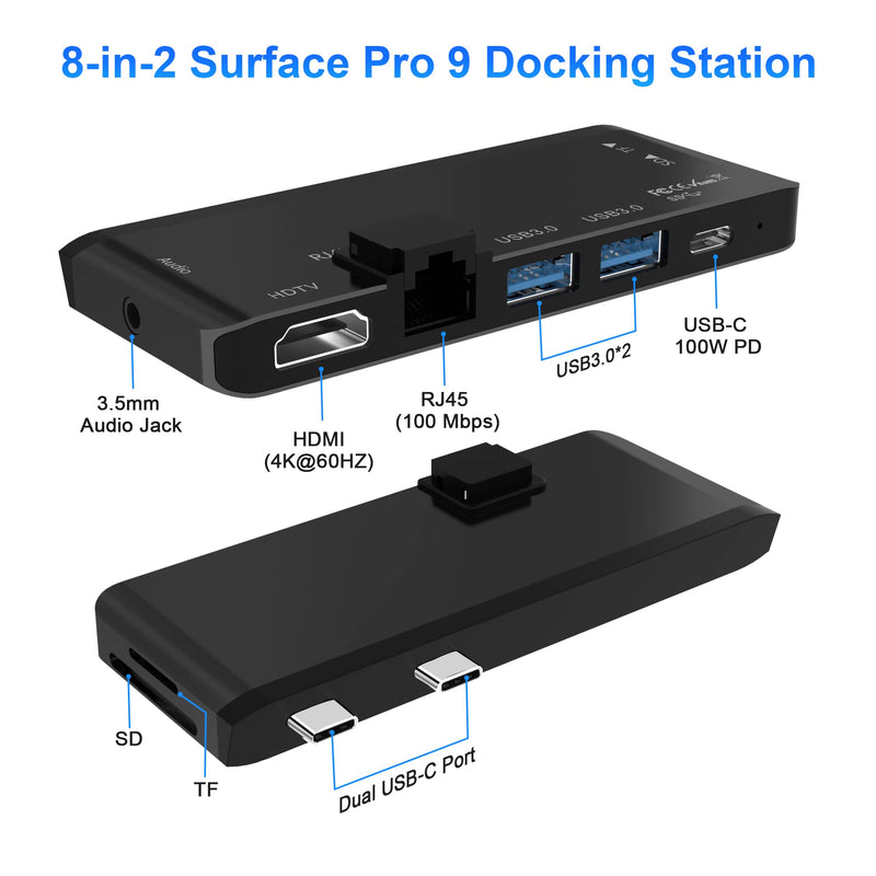 Surface Pro 9 Docking Station,Surface Pro 9 10 11 Hub Adapter with 100 Mbps LAN, 4K HDMI,100W USB-C (Display+Data+PD Charging),USB 3.0,3.5mm Audio,SD/TF Card Reader for Microsoft Surface Pro 11/10/9 Surface Pro 10/9/X Hub with 100 Mbps LAN(Black)