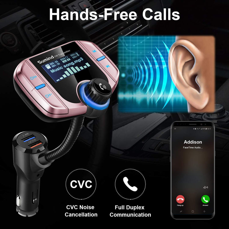 (Upgraded Version) Sumind Car Bluetooth FM Transmitter, Wireless Radio Adapter Hands-Free Kit with 1.7 Inch Display, QC3.0 and Smart 2.4A USB Ports, AUX Output, TF Card Mp3 Player(Rose Gold) Rose Gold Normal