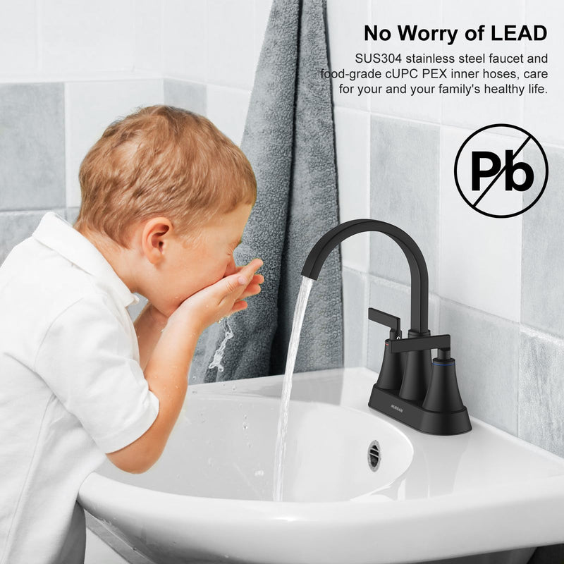 Hurran 4 inch Waterfall Bathroom Faucets with Pop-up Drain and Supply Lines | Matte Black Centerset Bathroom Sink Faucet, Stainless Steel 360 Swivel Bathroom Faucets for Sink 3 Hole Vanity RV Restroom