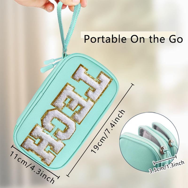 Electronics Organizer Bag Travel with Chenille Letter Patch TECH Traveling Must Have Accessories Cute Personalized Gift for Women Cable Cord Charger Storage Pouch (Greenish Blue) Greenish Blue