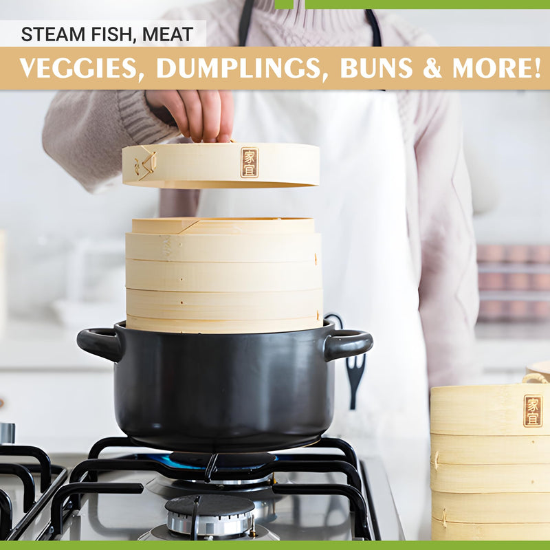 Zoie + Chloe Bamboo Steamer Basket - 2-Tier Dumpling Steamer for Cooking with 2 Reusable Cotton Liners for Bao, Dim Sum, Veggies, Asian Steamed Buns -Stackable, Space-Efficient - 8-Inch Steam Basket 8 INCH