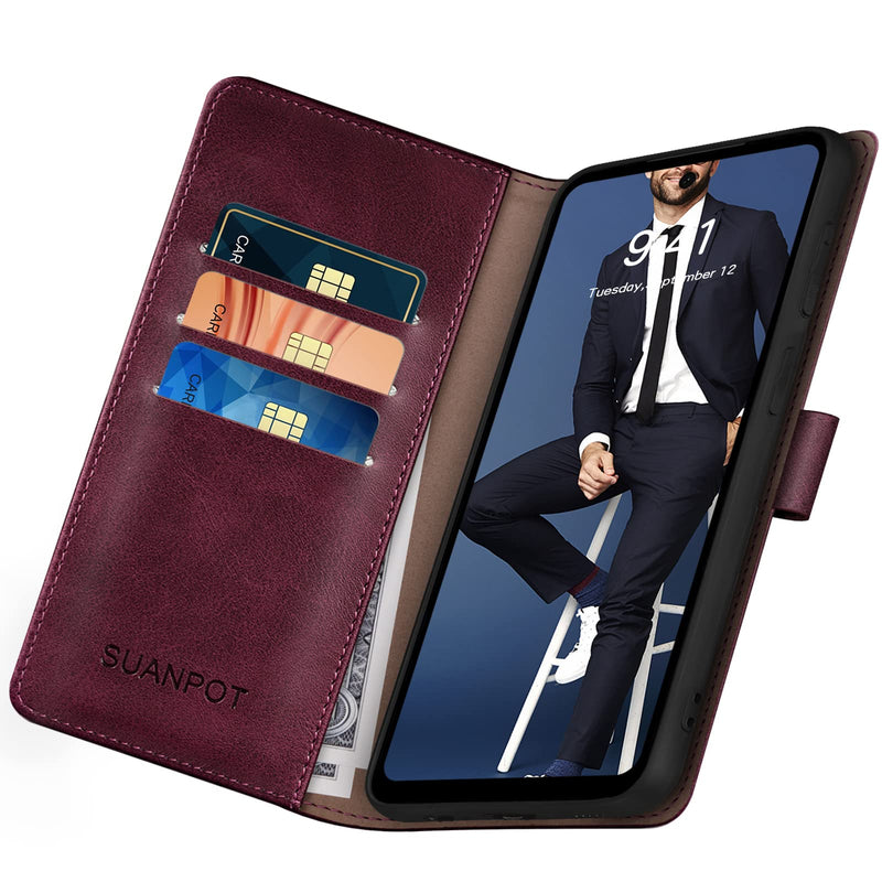 SUANPOT for Google Pixel 8A Wallet case with RFID Blocking Credit Card Holder,Flip Book PU Leather Protective Cover Women Men for Pixel 8A Phone case Wine Red
