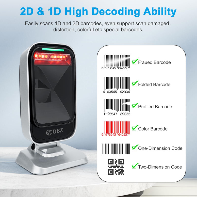 OBZ 1D 2D QR Hands-Free Barcode Scanner Omnidirectional Wired USB Desktop Barcode Reader 1D 2D PDF417 Data Matrix Image Sensing for Warehouse, Supermarket, Retail Store, Bookstore Pos System Upgrade 1D 2D Desktop Barcode Scanner-RK