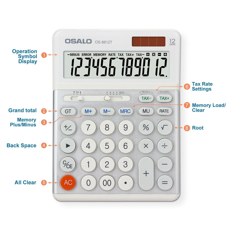 OSALO Desktop Calculator Accounting Big Buttons Extra Large Display VAT Tax Function 12 Digit Solar and Battery