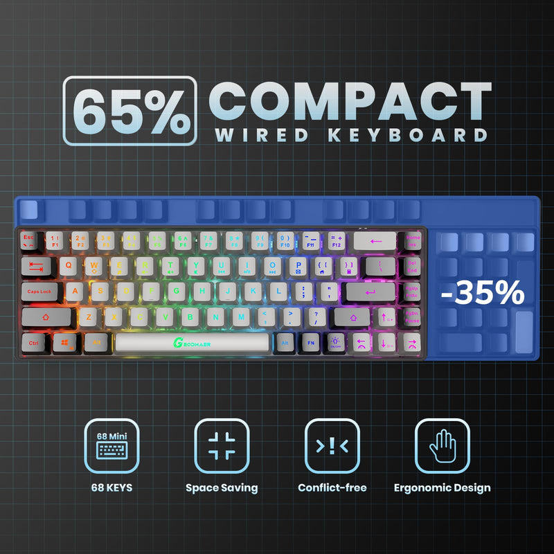 65% Gaming Keyboard, Wired Backlit Mini Keyboard, Ultra-Compact Anti-Ghosting No-Conflict 68 Keys Membrane Gaming Wired Keyboard for PC Laptop Mac Gamer