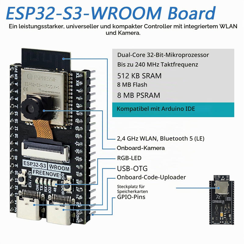 Freenove ESP32 Kit ESP32-S3 Camera Board Ultimate Starter Kit | 240MHz 32-Bit Dual Core, USB OTG Camera WiFi+BT, Python C Java Code, 828 Page Tutorial, 121 Projects, 243 Items