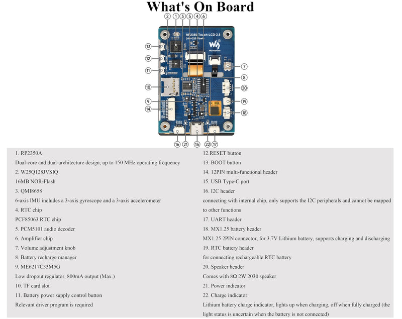 RP2350 2.8inch Capacitive Touch Display Development Board, 240x320, IPS Panel, 5-Point Touch, SPI Interface Display, Accelerometer and Gyroscope Sensor, I2C Interface 5-Point Touch