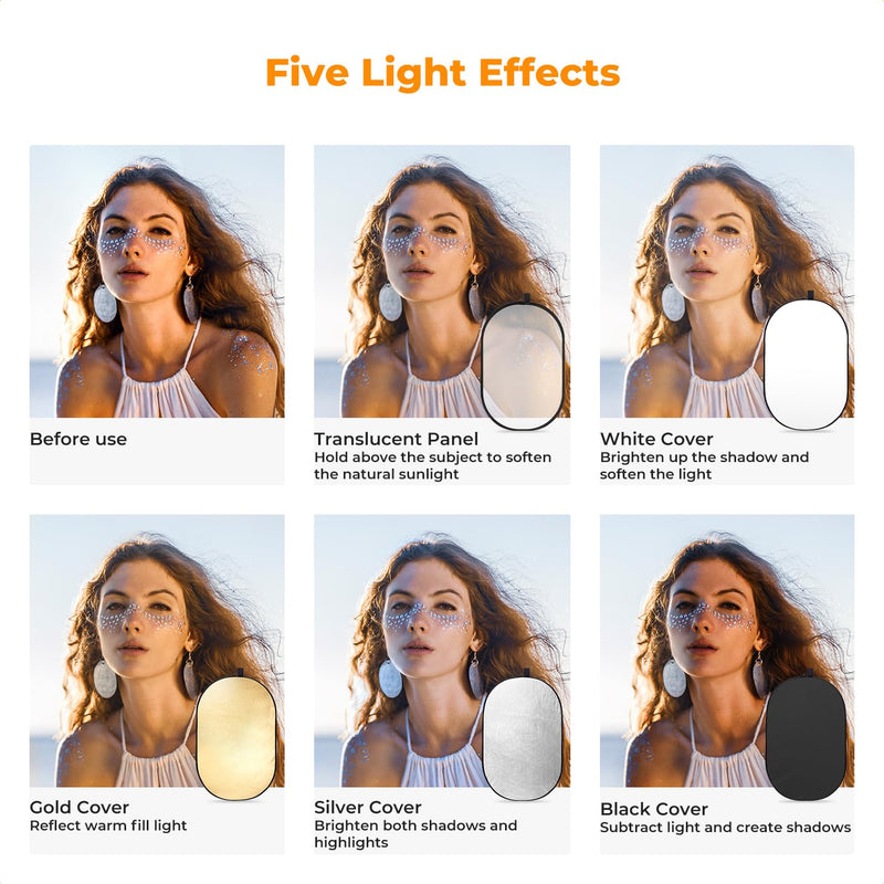K&F CONCEPT 24" x36”(60x90cm) 5-in-1 Oval Foldable Reflector with Carrying Bag, Gold, Silver, Black, White Reflective Fabric and Translucent Soft Fabric for Studio Lighting 60x90cm