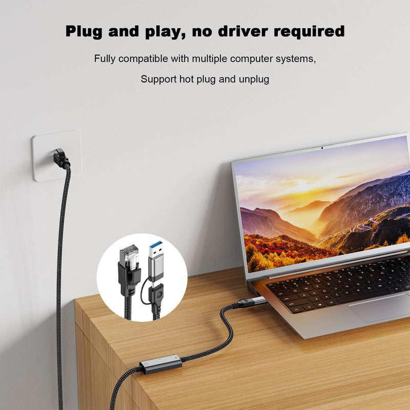 USB C to Ethernet Adapter 1000Gbps, 2-in-1 USB to 1000M Ethernet Adapter, USB-C to RJ45 Network Converter (Thunderbolt 4/3 Compatible), Aluminum Case for Windows, Mac OS, iPad OS and More.