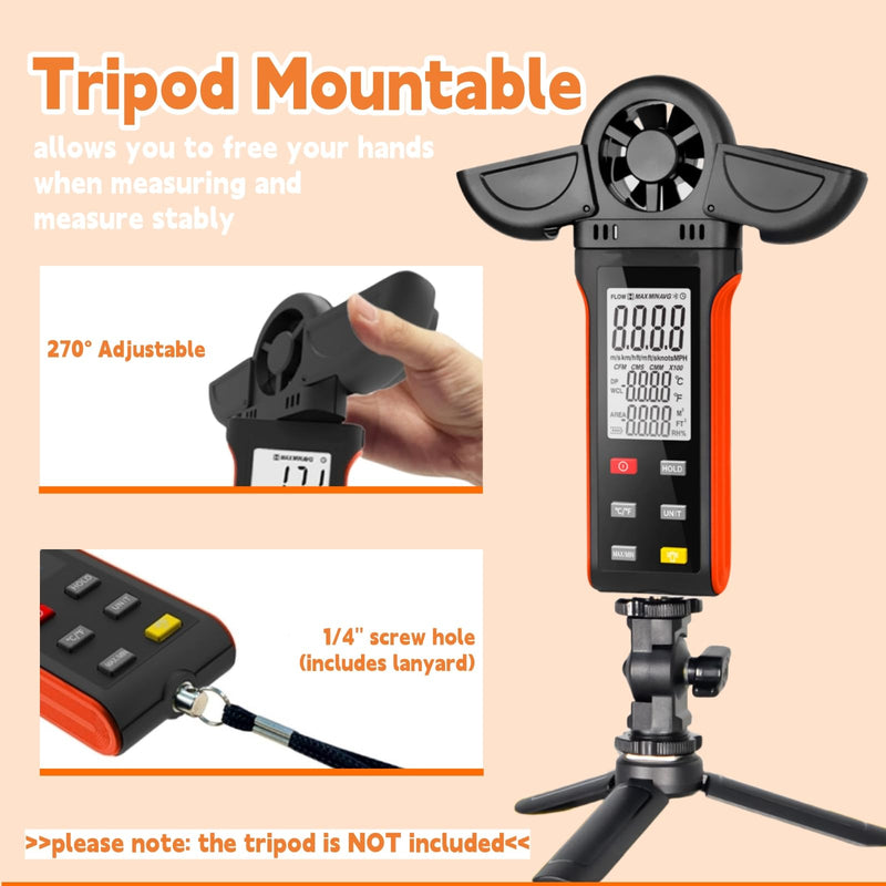 Anemometer Anemometer, WapoRich Digital Anemometer Handheld Wind Speed Meter Gauge Measures Humidity/Temperature/Wind Speed with MAX/MIN/AVG for HVAC, Sailing, Surfing, Drone RQ-5000K