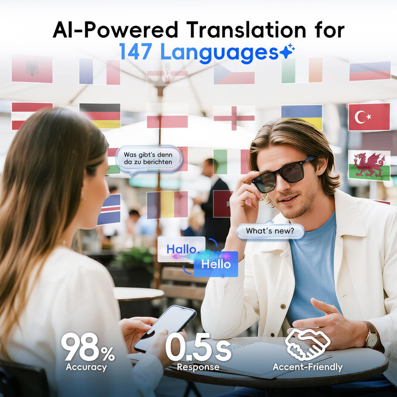 AI Glasses for Men & Women, Smart Glasses Powered by ChatGPT, AI Real-time Translation with 147 languages, 11H Music Play, Bluetooth Sunglasses with Polarized Lens, UV Protection for Daily Use, Travel Black Frame + Green Polarized Lenses