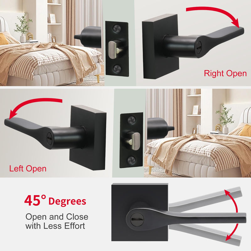 JO.KO Matte Black Door Knob, Interior Privacy Keyless Entry Door Lock, Square Style Reverisble Door Handles, Heavy Duty Door Levers for Bedroom Bathroom Doors 1 Pack Matte Black Tapered Keyless