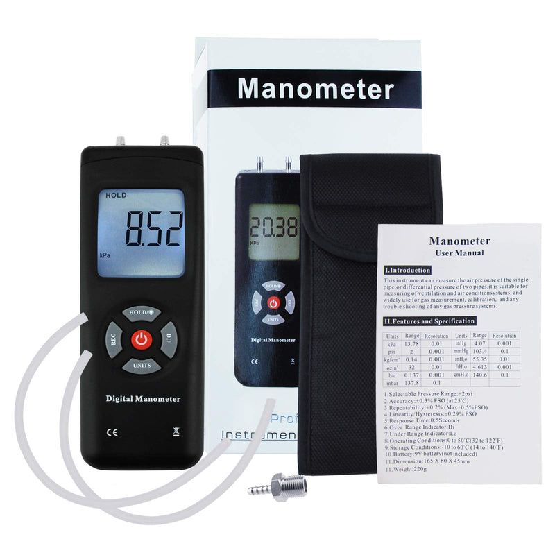 Professional Digital Pressure Gauge, Portable Handheld Air Vacuum/Gas Pressure Gauge 11 Units with Backlight, ±13.78kPa ±2PSI, Suitable for Differential Pressure of 1-2 Pipes, Ventilation, etc 11 Units of Measurement