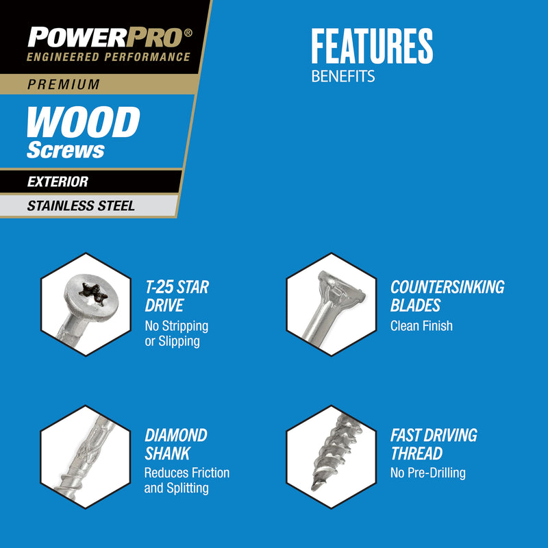 Power Pro Premium Exterior Wood Screws, #10 x 3 Inch All-Purpose Deck Screws for Outdoor Projects, T-25 Star Bit Included, Silver, 66 Pieces | 48623V4 #10 x 3"