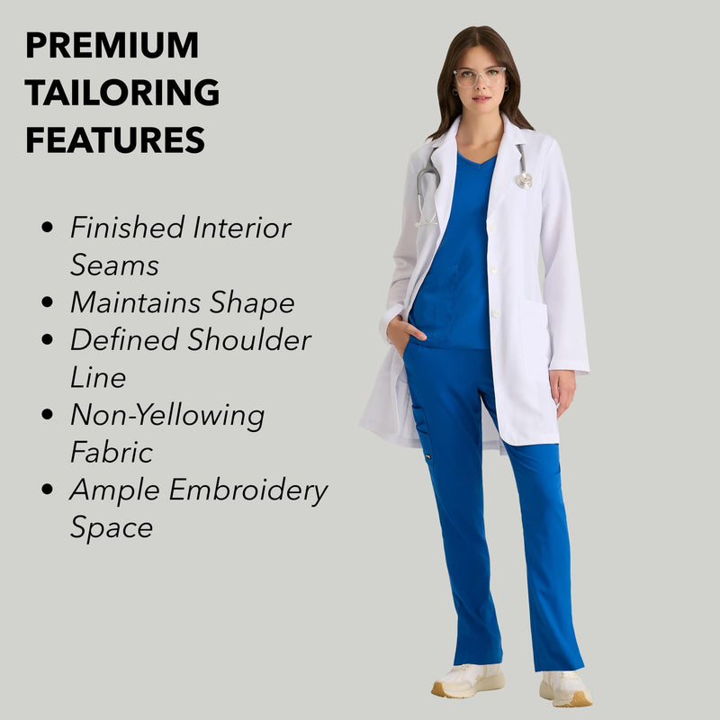 BARCO Grey's Anatomy Scrubs Signature - Morgan Lab Coat for Women, Professional Full-Length Long Sleeve 35" Lab Coat Medium White