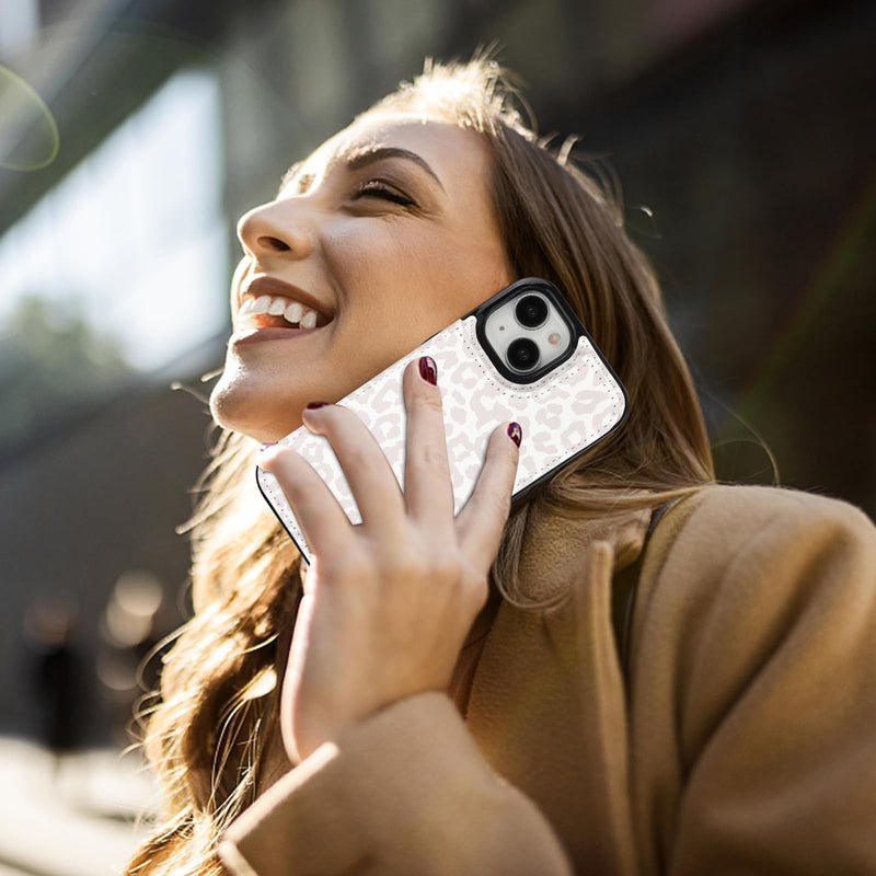 HAOPINSH for iPhone 15 Wallet Case with Card Holder, Floral Flower Pattern Back Flip Folio PU Leather Kickstand Card Slots Case for Women Girls, Double Magnetic Clasp Cover 6.1" (White Leopard) White Leopard
