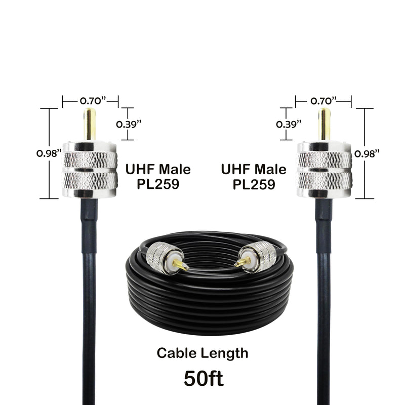 RG58 Coaxial Cable 50 Feet Solid Copper, UHF Male PL-259 to UHF Male PL-259 Low Loss, 50 Ohm Coax Cable for CB Radio, Ham Radio, SWR Meter, Police Scanner, Antenna Tuner (50FT) 50FT