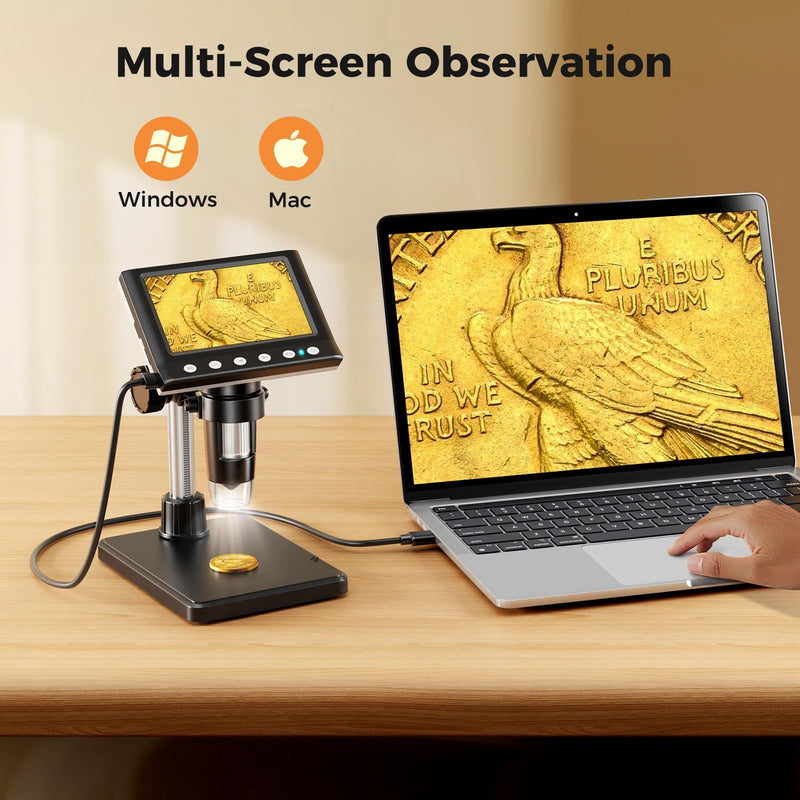 4.3 Inch LCD Digital Coin Microscope, 1000X USB Magnifier with 8 Adjustable LED Lights for Coin Inspection, Electronics Repair, Soldering, Windows/Mac Compatible, 1080P