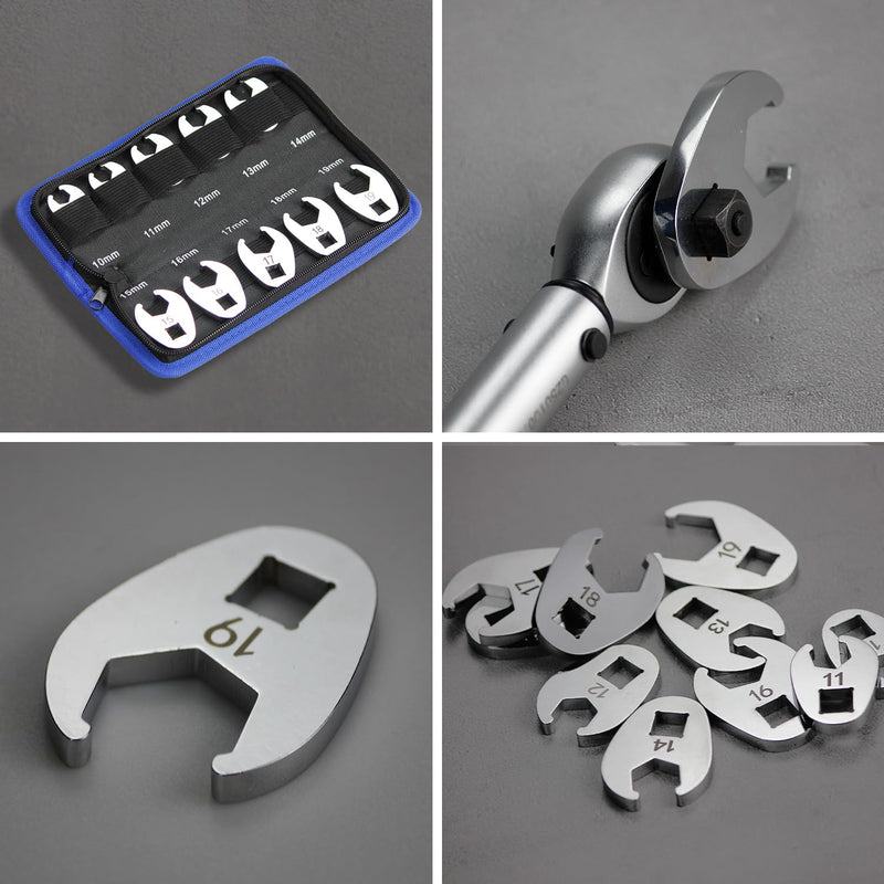 3/8" Drive Flare Nut Crowfoot Wrench Set, 10 Piece Cr-V Steel + Ni-Cr Plating 5 Point Grip Flare Nut Crow Foot Tool Set, Metric 10-19mm Crows Feet Wrench Set with Storage Pouch for Home Car Repair Flare Nut - Metric