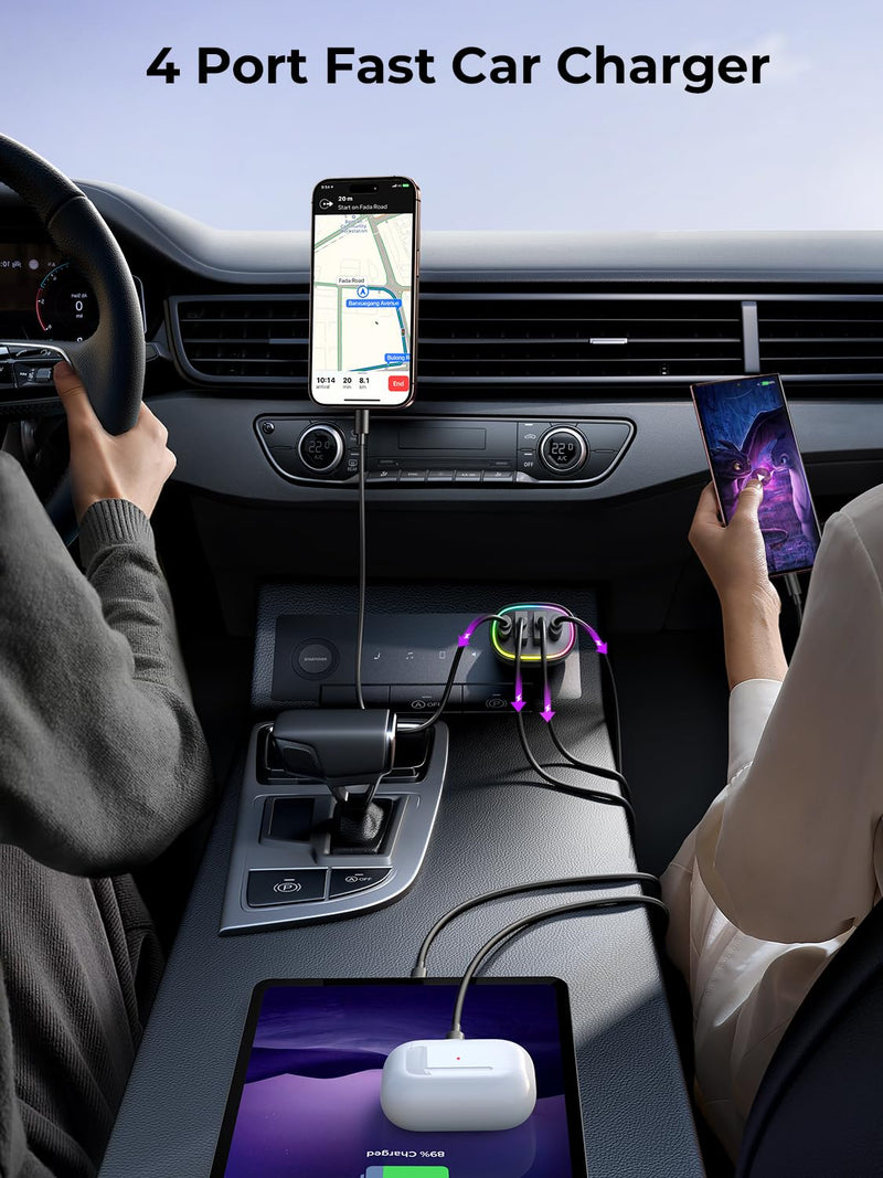 Fast Car Charger FLYLEAD 90W 4 Ports Car Charger [A Must for Family Travel] Super Fast USB C Charge Adapter for iPhone 17/16/15 Pro Max Plus With Cable