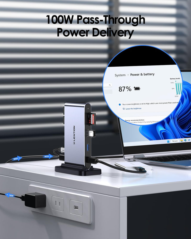 LENTION 10-in-1 Detachable USB C Laptop Docking Station with Dual 4K@60Hz HDMI, PD Charging, USB C, USB-A, SD/Micro Card Readers, 3.3ft Host Cable for Mac, MacBook, Windows use (D62 10-in-1(3.3ft cable+Vertical+Detachable)