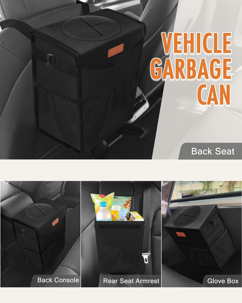 Car Trash Can with Lid, Cute Leakproof Car Trash Garbage Bag Hanging Vehicle Trash Bin Small Portable Automotive Garbage Cans Organizer for Back/Front Seat/Console(Trapezoid,Black) 2 Gallons Black